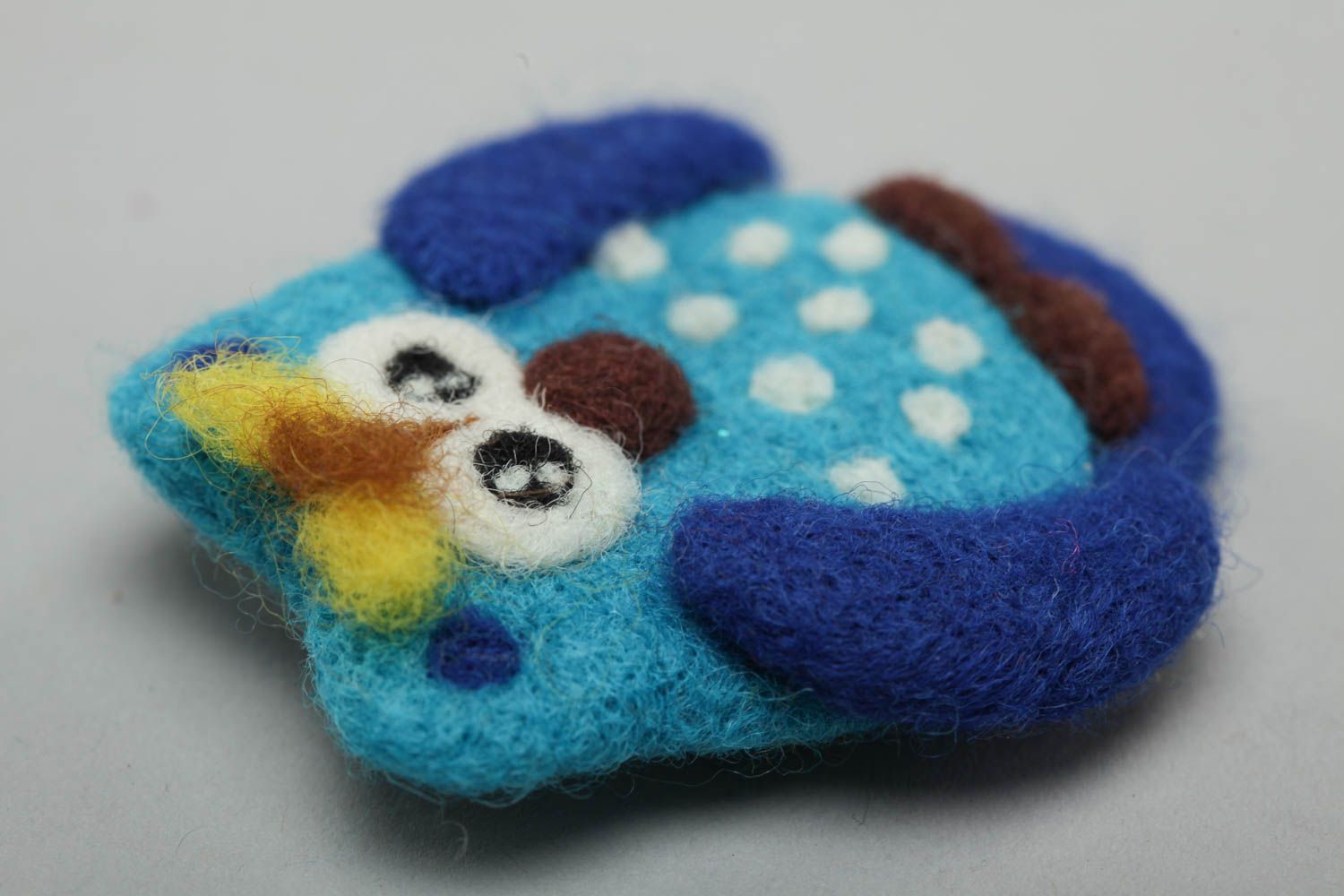 Handmade designer small funny animal brooch felted of wool blue owl for kids photo 3