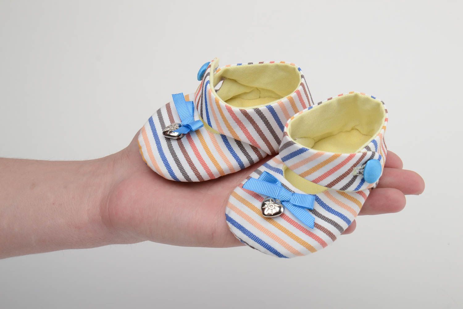 Handmade colorful striped cotton fabric baby shoes with bows for little girl  photo 5