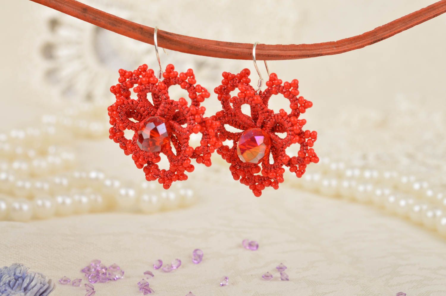 Handmade small red lacy tatted flower shaped dangle earrings with crystals photo 1