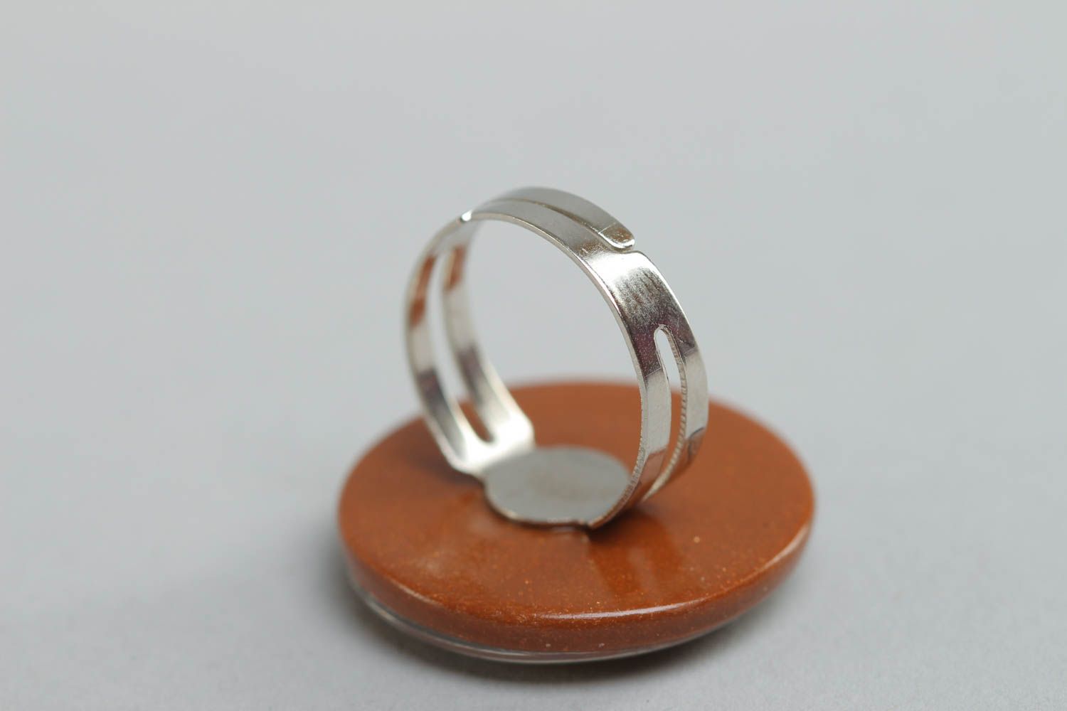 Handmade round polymer clay ring with image of clock coated with glass glaze photo 4