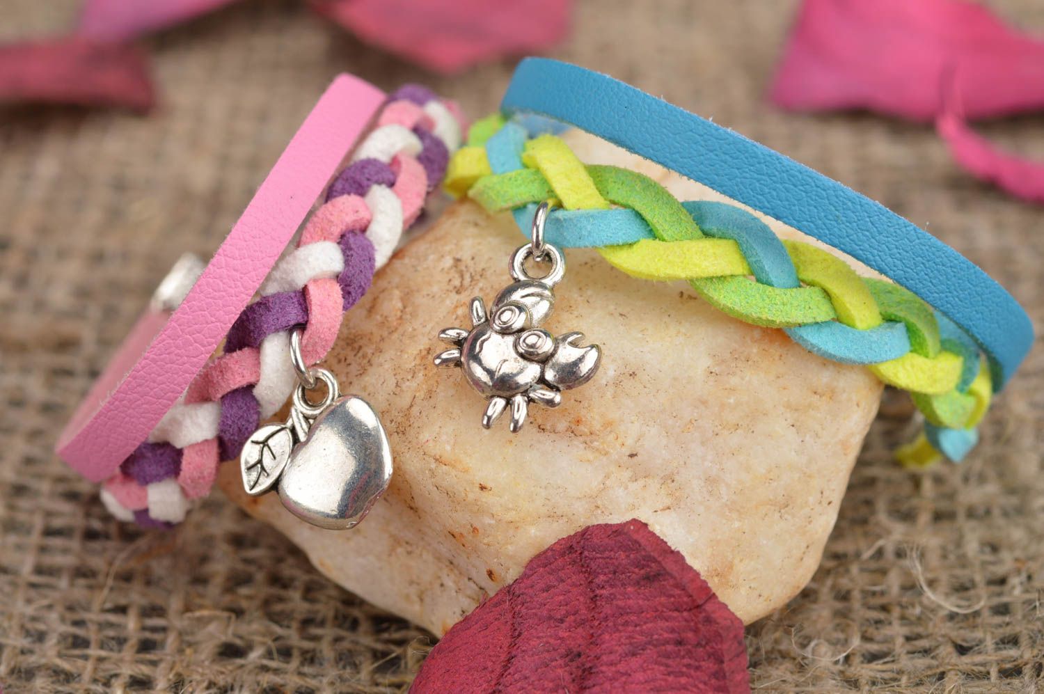 Set of 2 handmade colorful genuine leather and suede wrist bracelet with charms photo 1