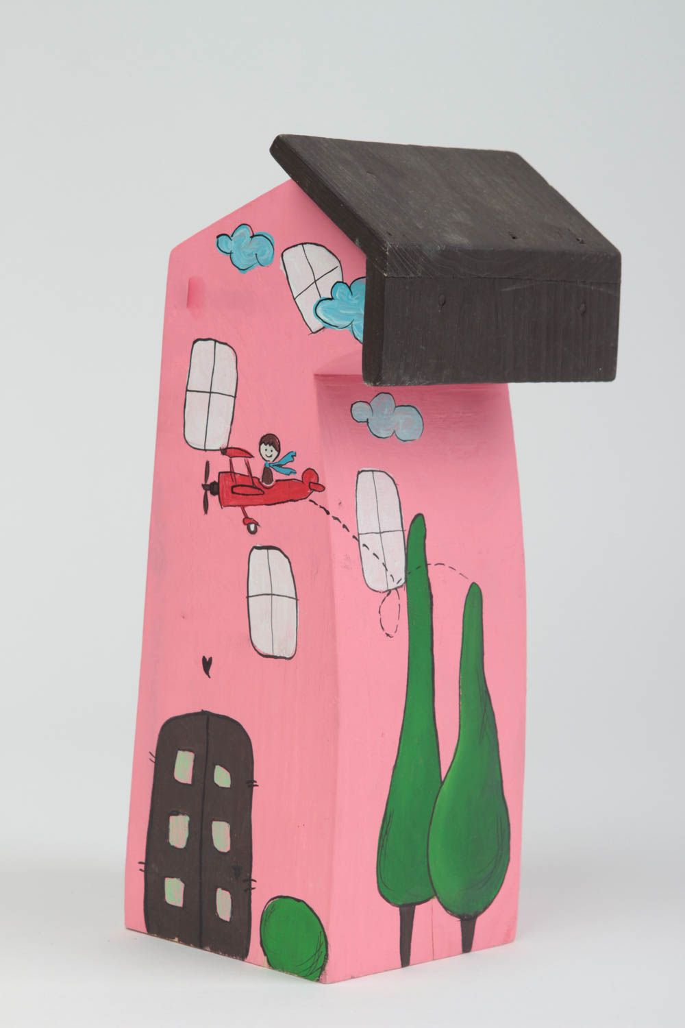 Maisonnette en bois fait main Petite statuette pinte rose design Déco intérieur photo 2