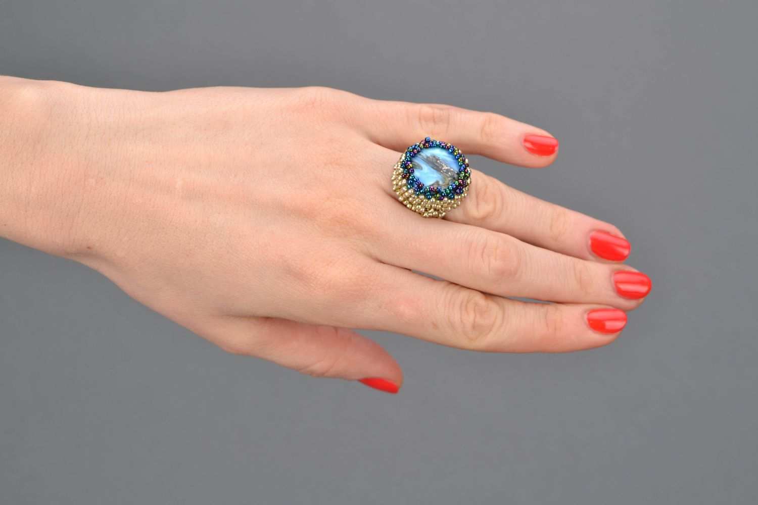 Handmade beaded ring with Murano glass photo 2