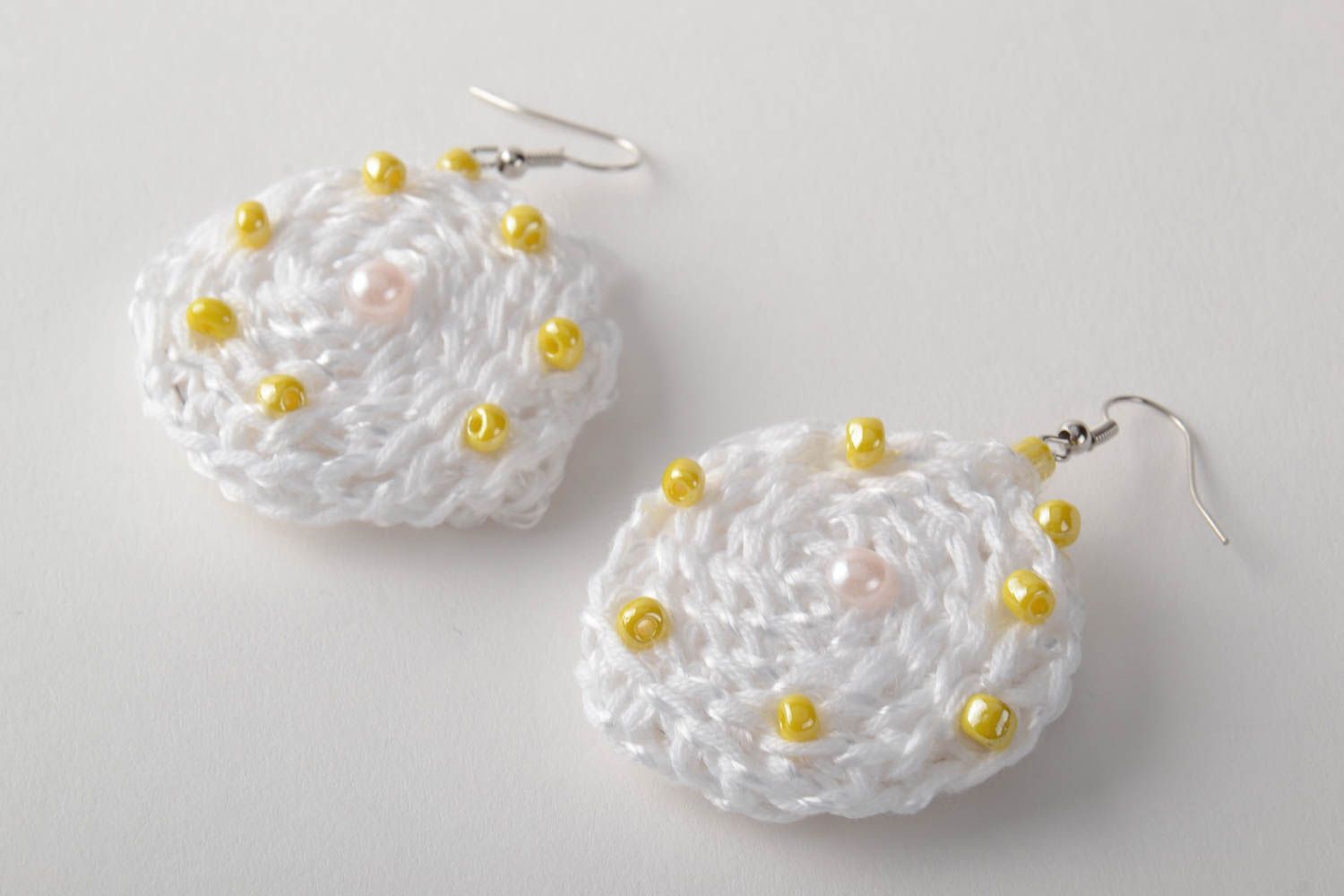 Beautiful handmade white round crochet earrings with beads designer jewelry photo 2