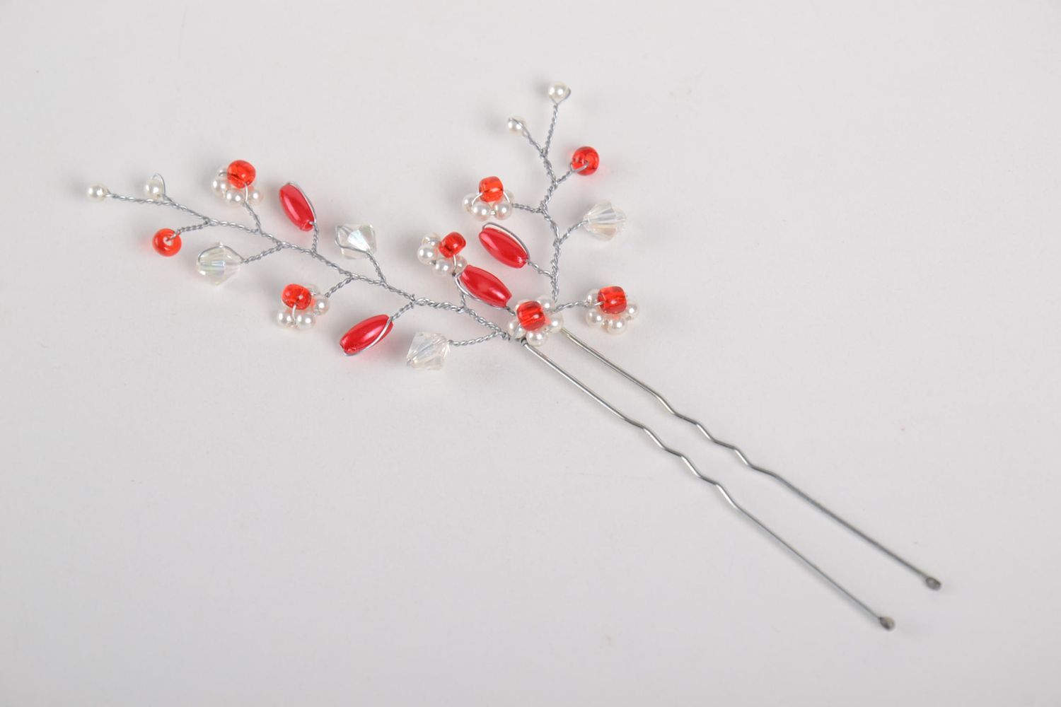 Rote Blumen Haarnadel mit Blättern handgemachter Schmuck Haar Accessoire  foto 4