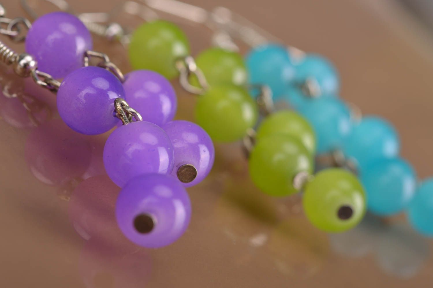 Set of 3 pairs of handmade long dangle beaded earrings green blue and violet photo 4
