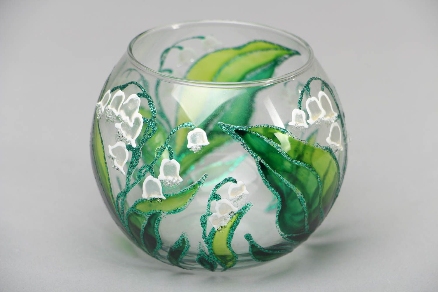 Handgemachter Teelichthalter aus Glas, Maiglöckchen foto 1