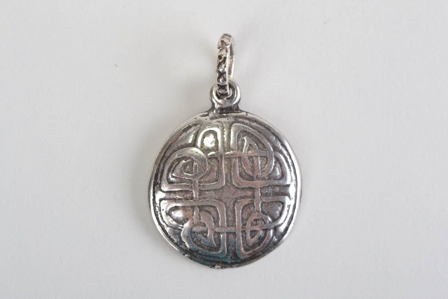 Unusual beautiful handmade design round metal pendant in ethnic style photo 1