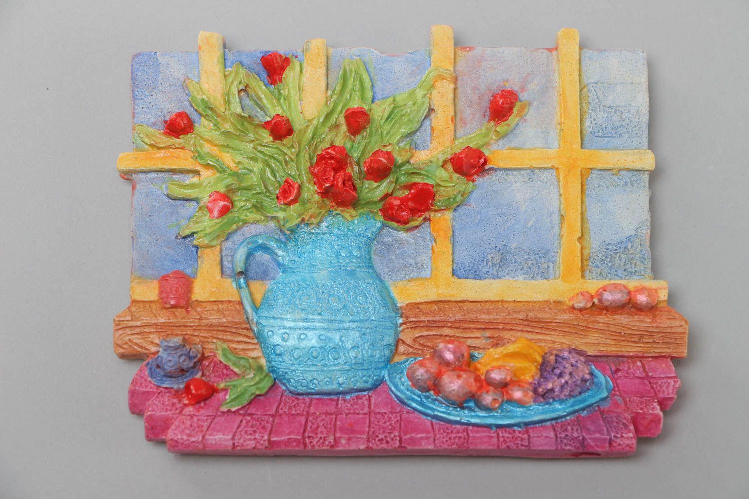 Aimant frigo fait main original avec un tableau de fleur en plâtre pratique photo 2