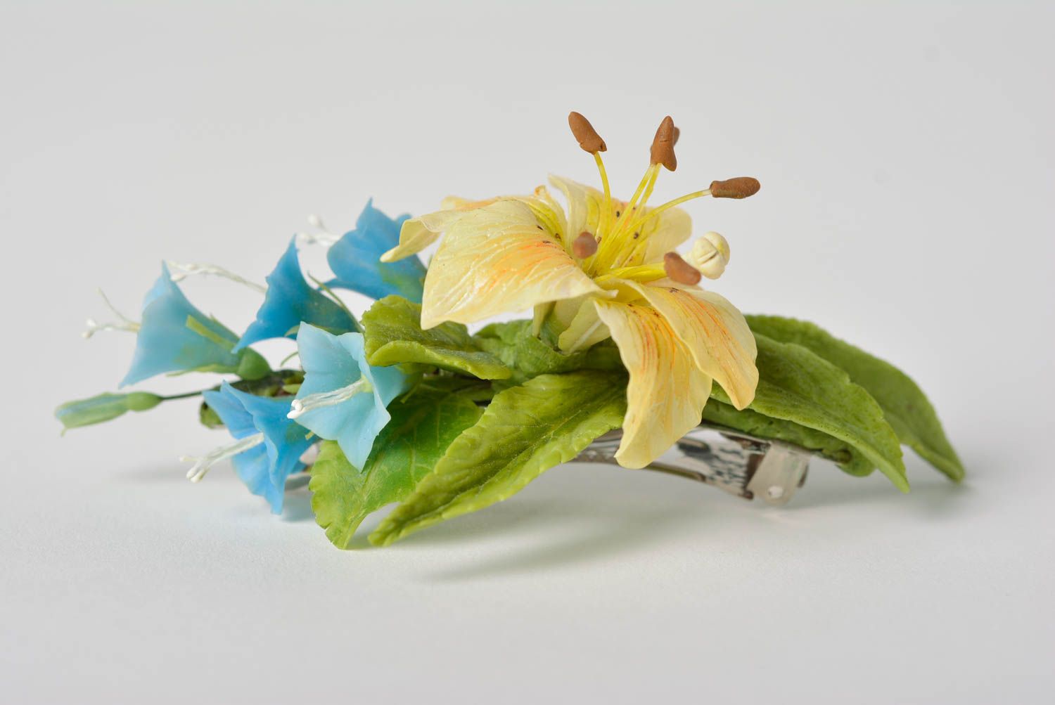 Handmade decorative hair clip with Japanese polymer clay blue flowers and lily photo 2