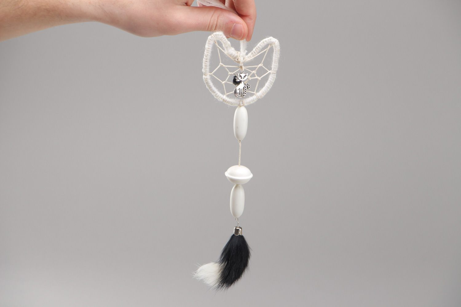 Small white handmade dreamcatcher wall hanging with fur for interior decoration photo 5