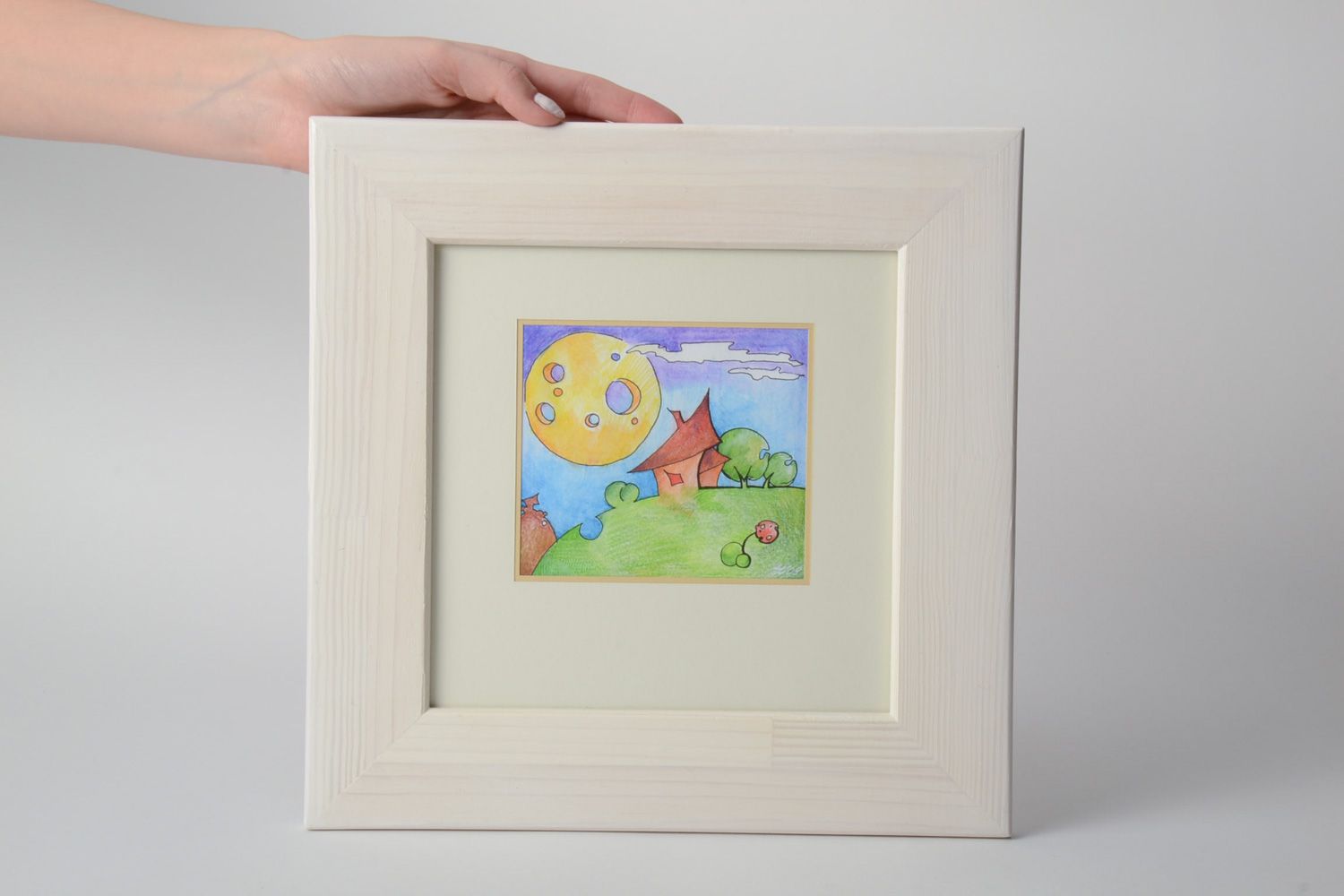 Handmade graphics landscape drawing in wooden frame photo 5