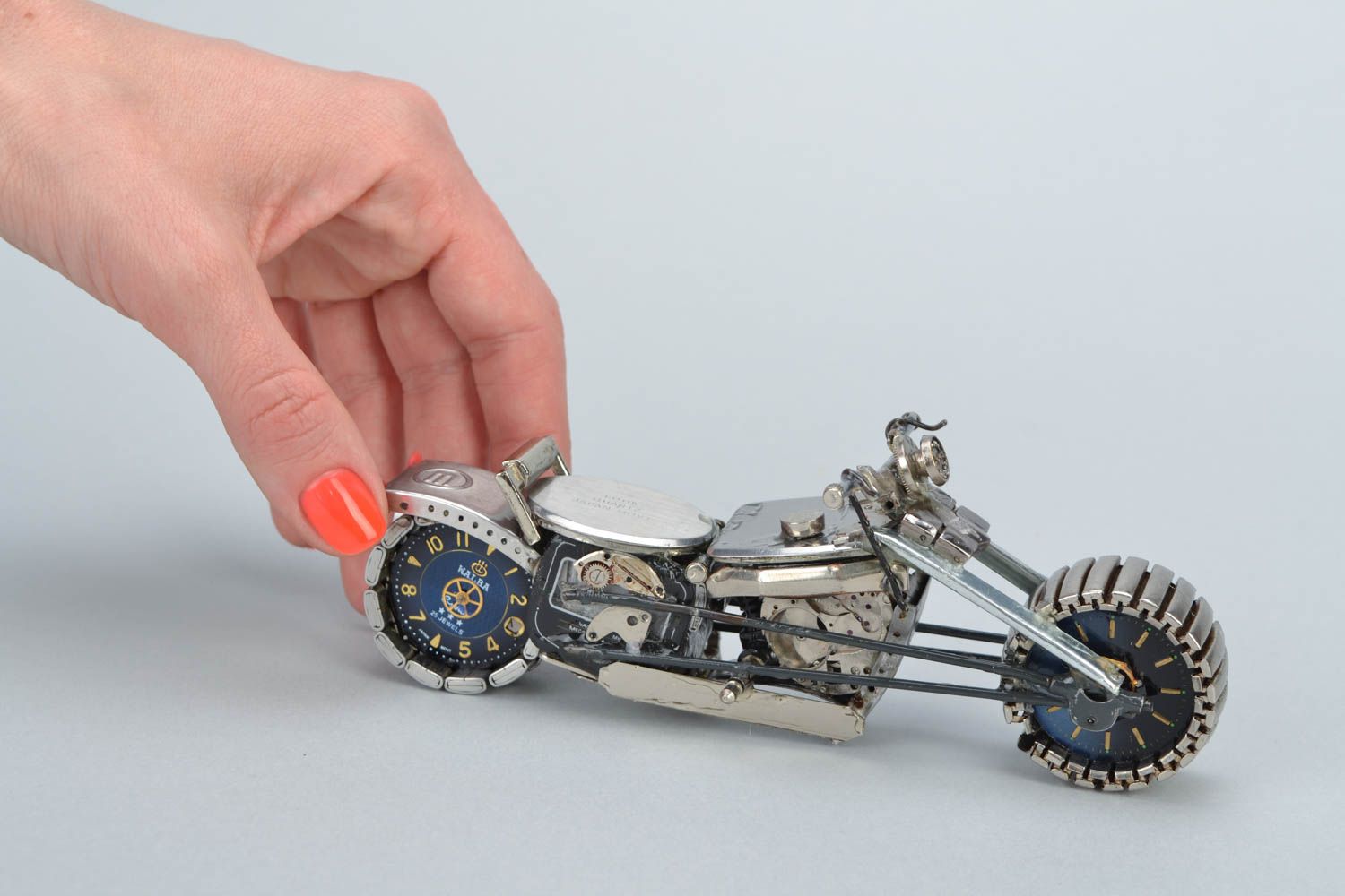 Handmade metal miniature steampunk statuette with clock mechanisms Motorcycle photo 2