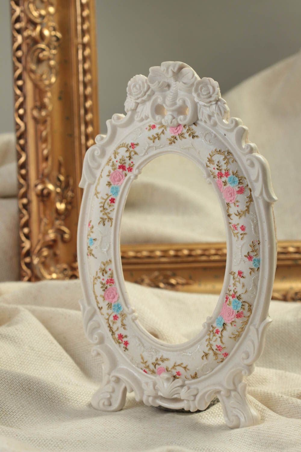 Cadre photo fait main Décoration maison Cadeau original ovale blanc à fleurs photo 1