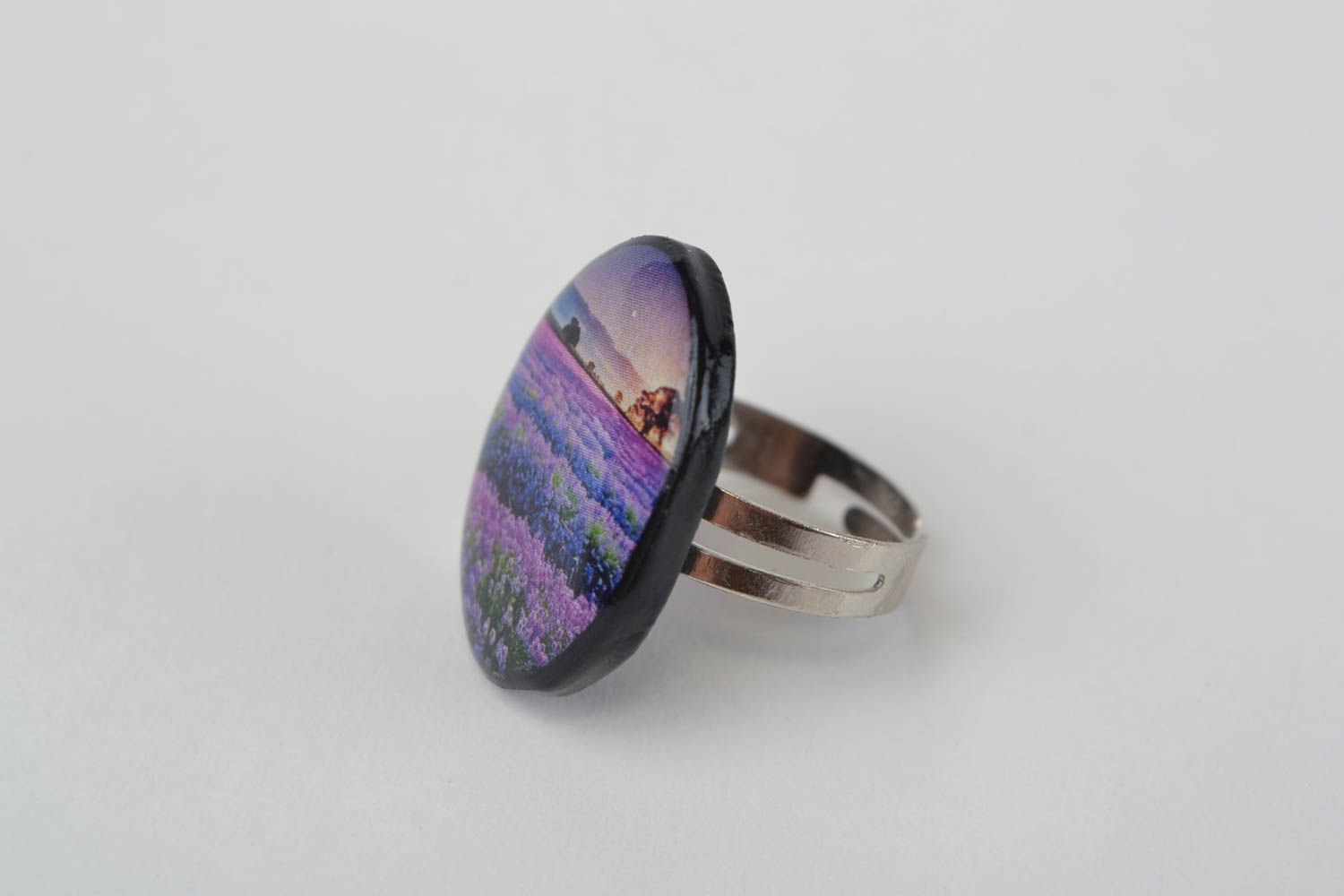 Handmade women's polymer clay decoupage oval ring on metal basis Lavender photo 4