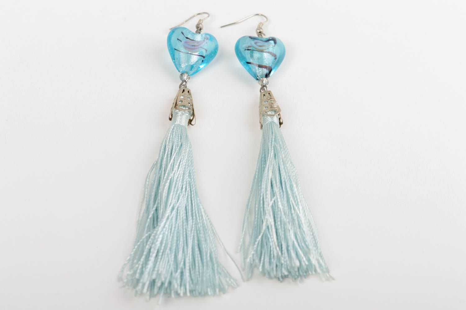 Handmade long earrings with tassels and glass beads in blue color fancy jewelry photo 4