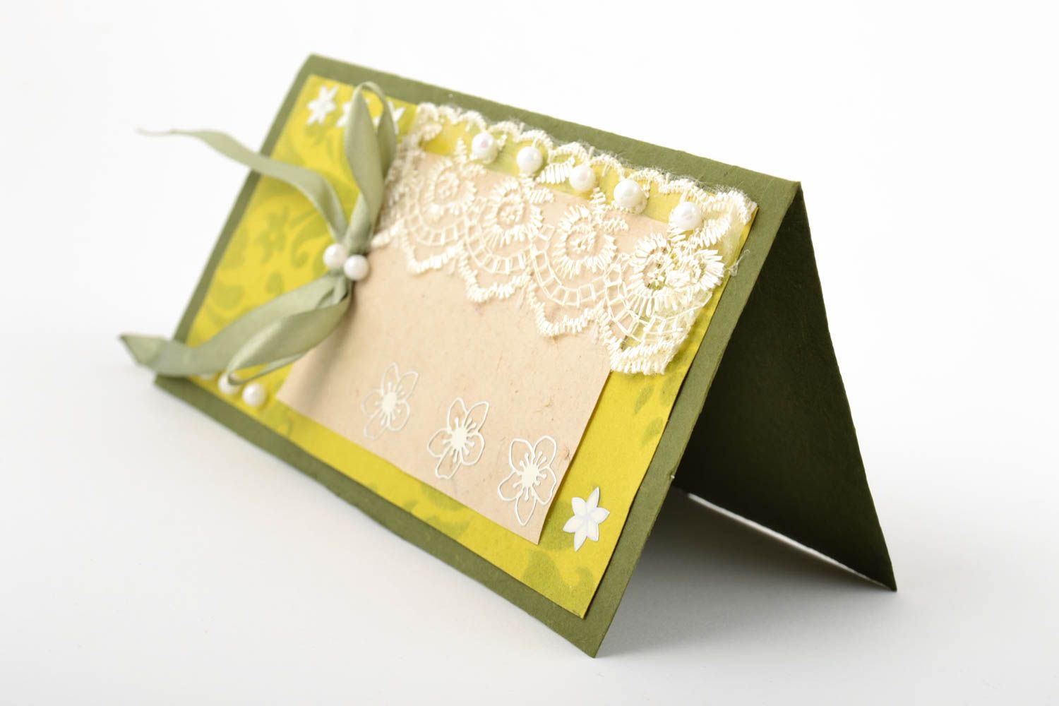 Tarjeta de felicitación regalo original postal hecha a mano verde con lazo foto 3