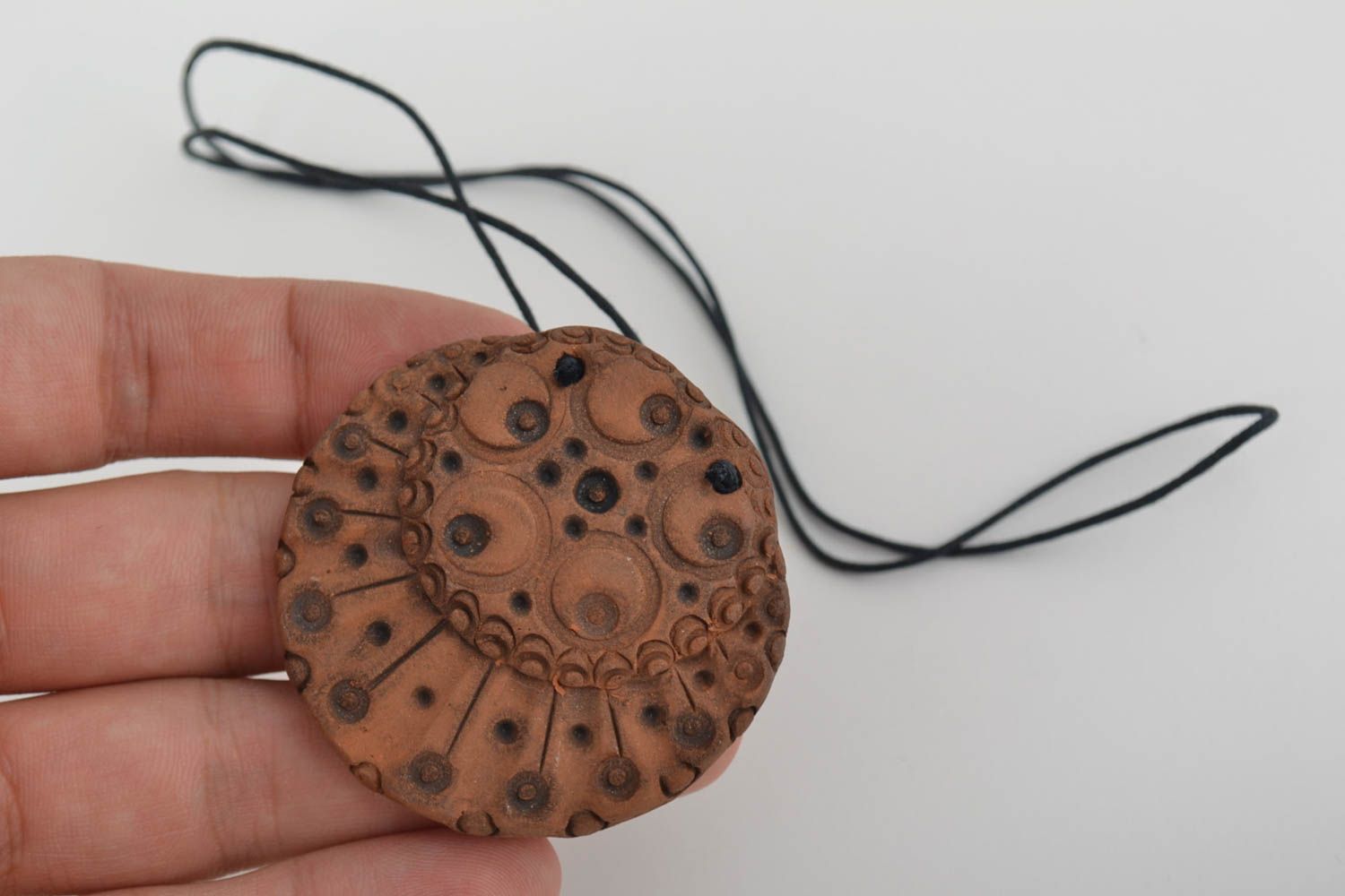 Clay handmade pendant in ethnic style accessory on lace 250 mm photo 2