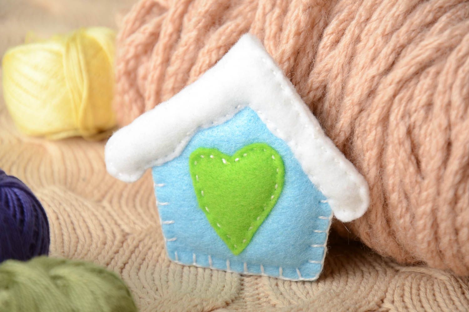 Handmade small flat soft toy sewn of fleece blue house with green heart photo 1