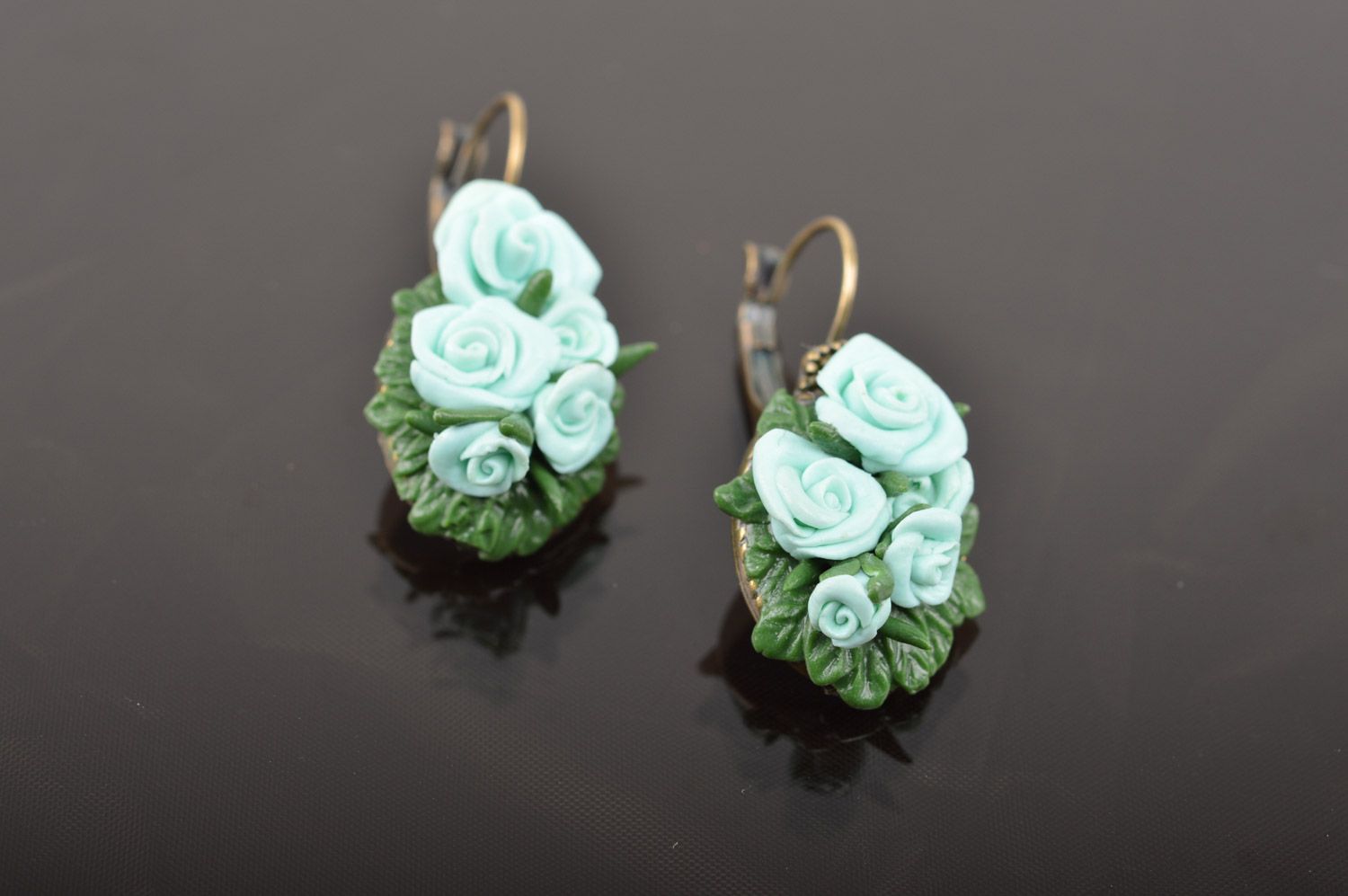 Elegant handmade polymer clay flower earrings of mint color photo 4