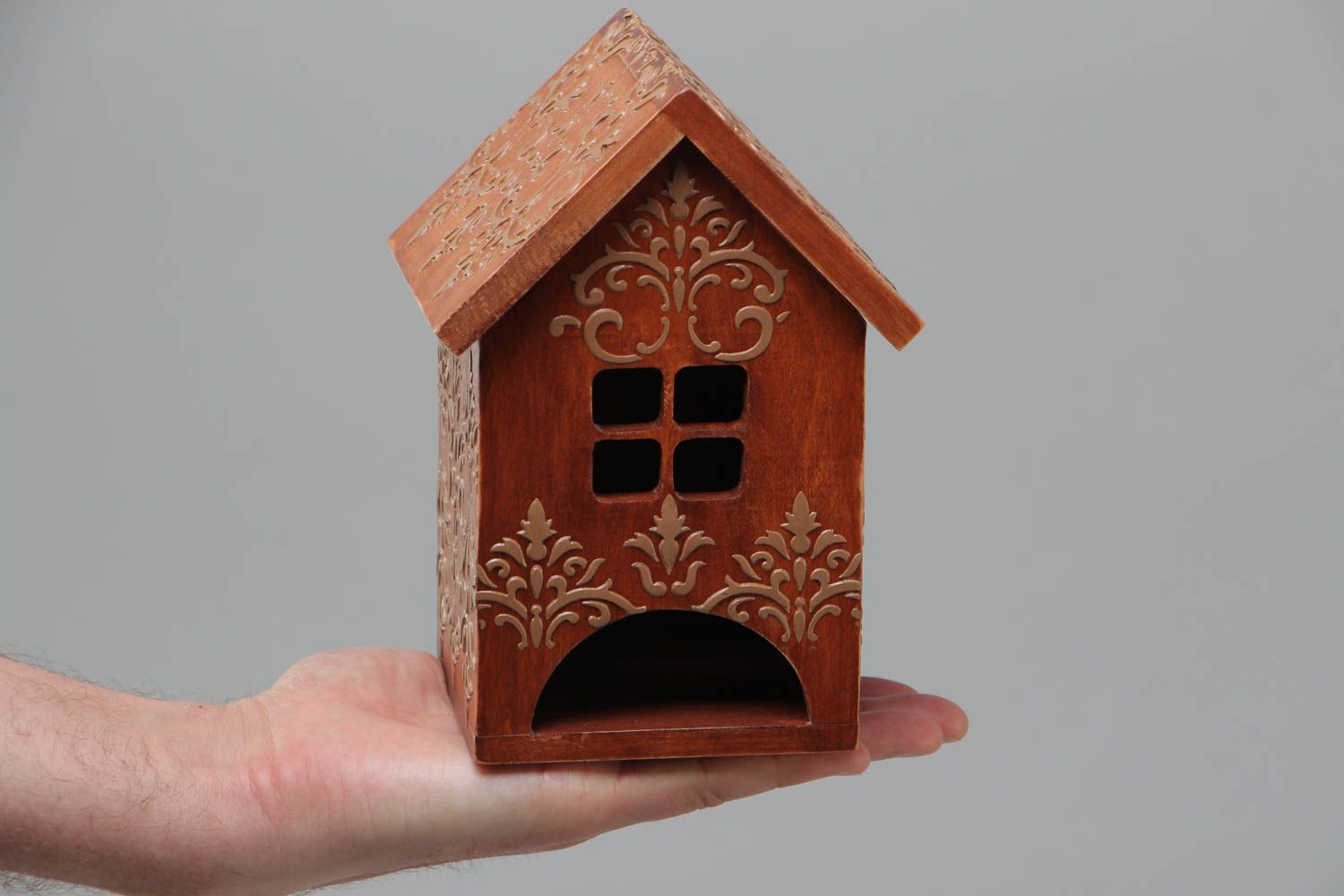 Maison pour sachets de thé en bois faite main design original avec ornement photo 5