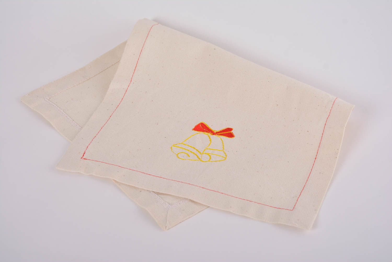 Handmade designer semi linen cloth napkin with embroidered bells Christmas photo 1