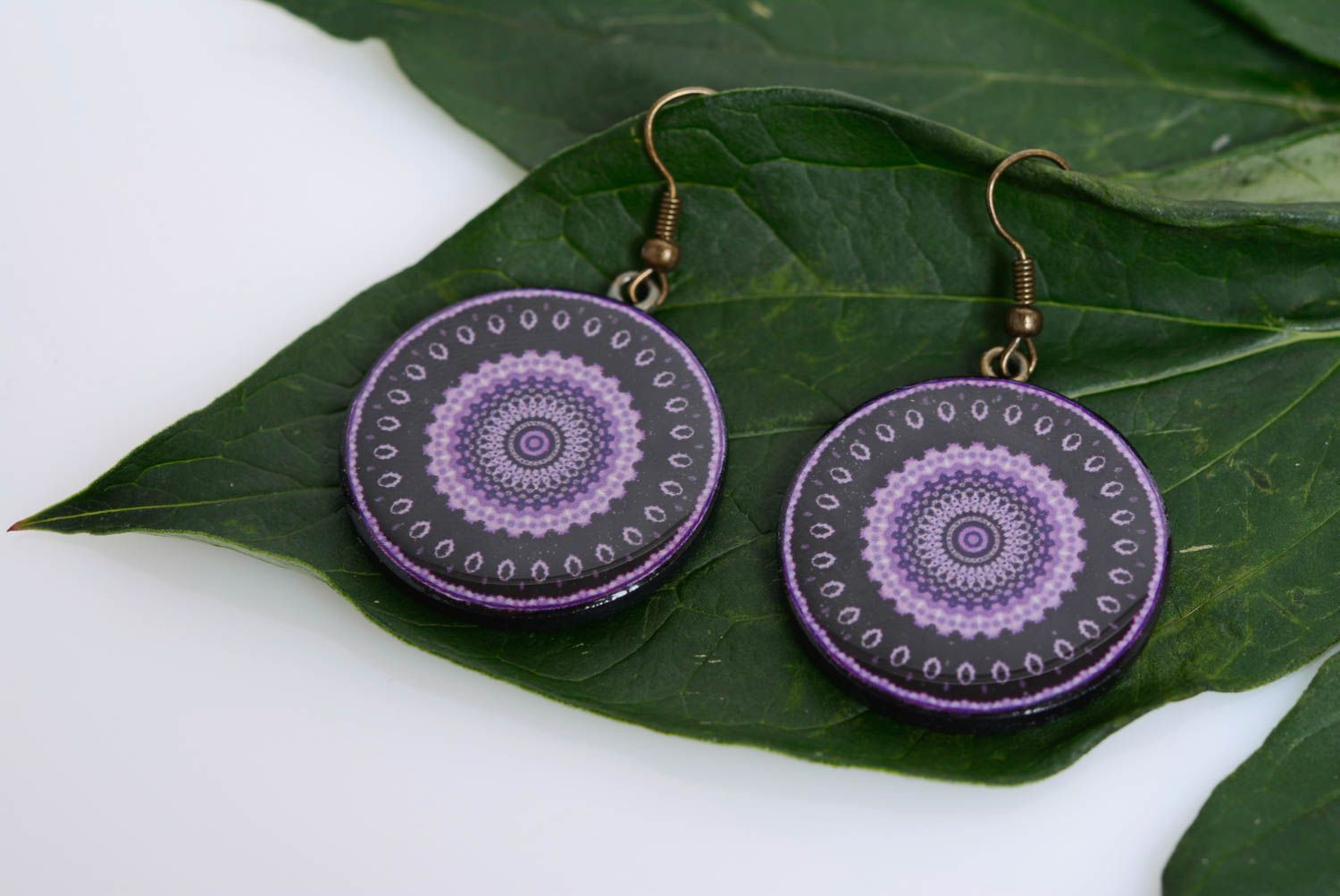 Polymer clay earrings with pattern round-shaped black with purple hand made photo 4