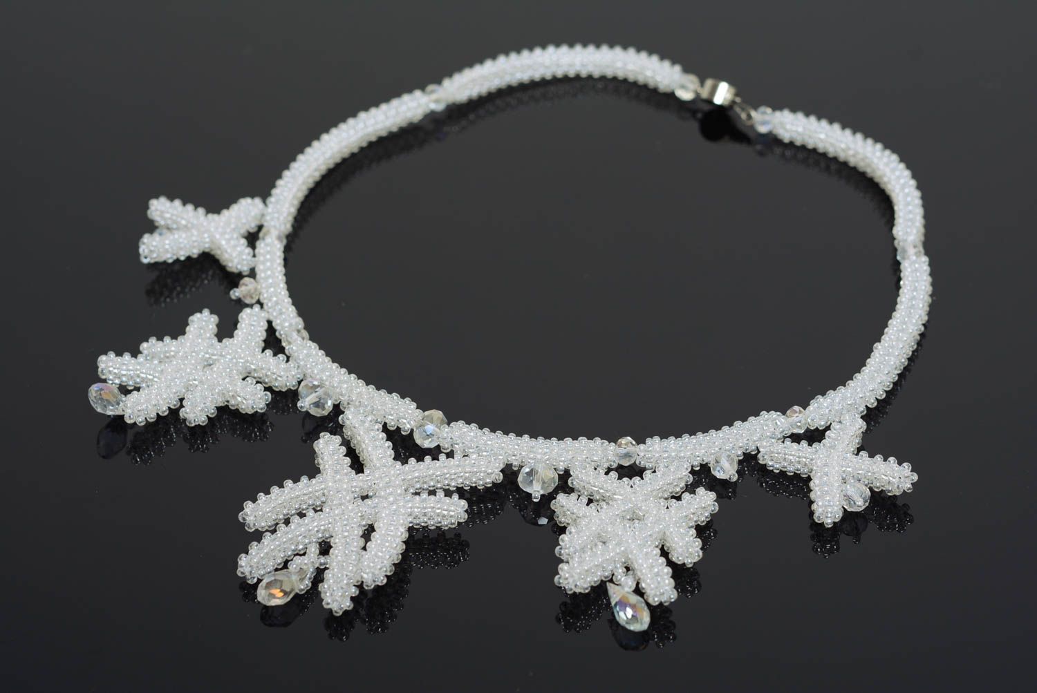 Unusual beautiful handmade designer beaded cord necklace white photo 1