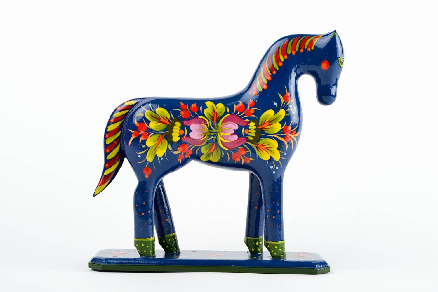 Statuette cheval en bois faite main peinte bleue à motifs Décoration maison photo 4