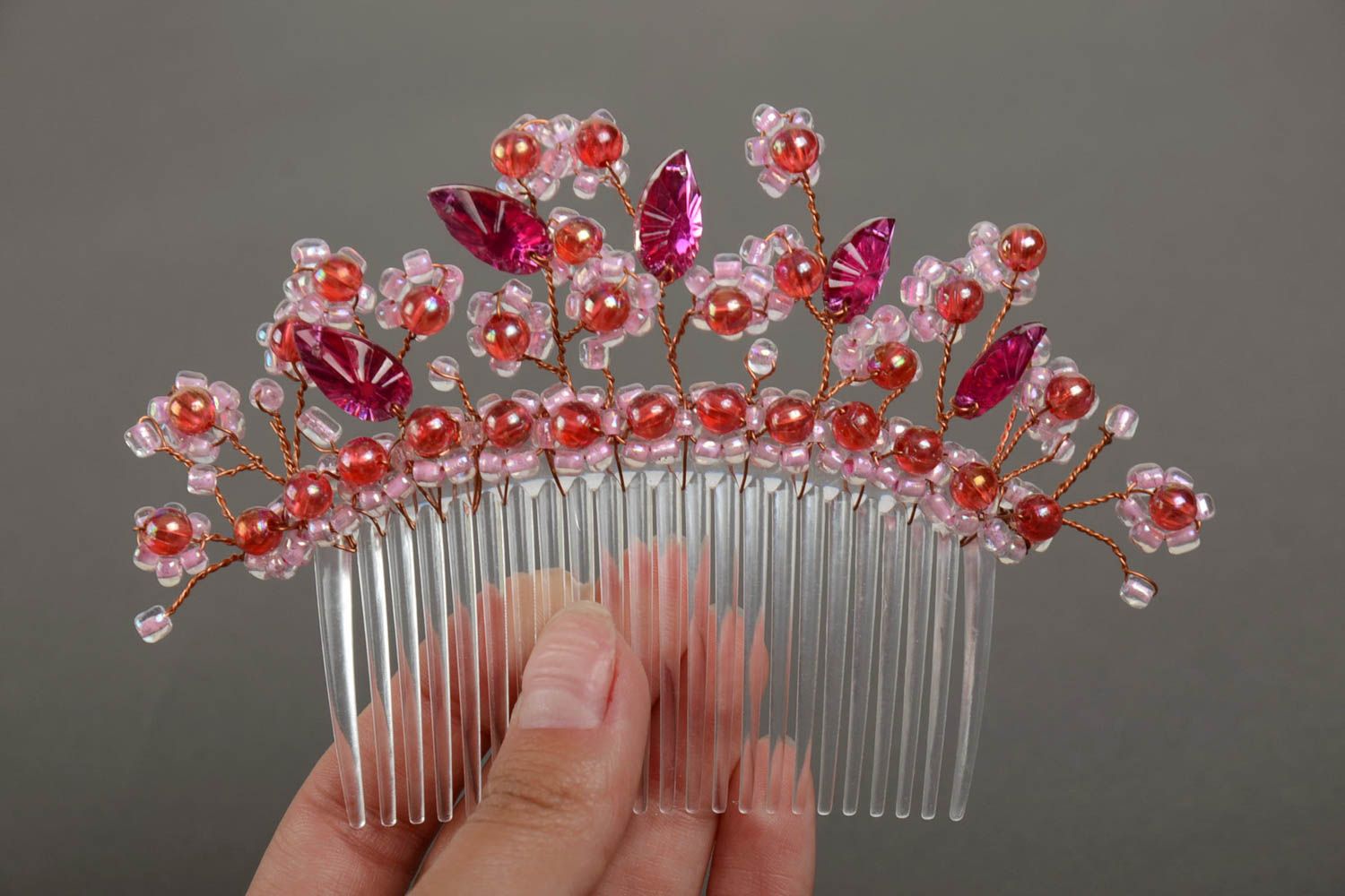 Beautiful handmade plastic hair comb with beads and flowers photo 3