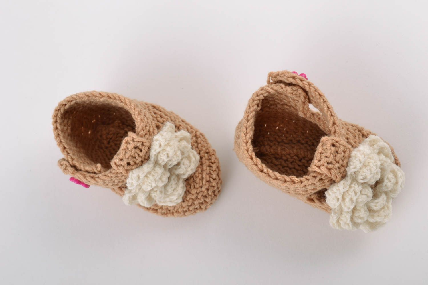 Handmade knitted brown booties made of cotton with flowers for babies photo 2