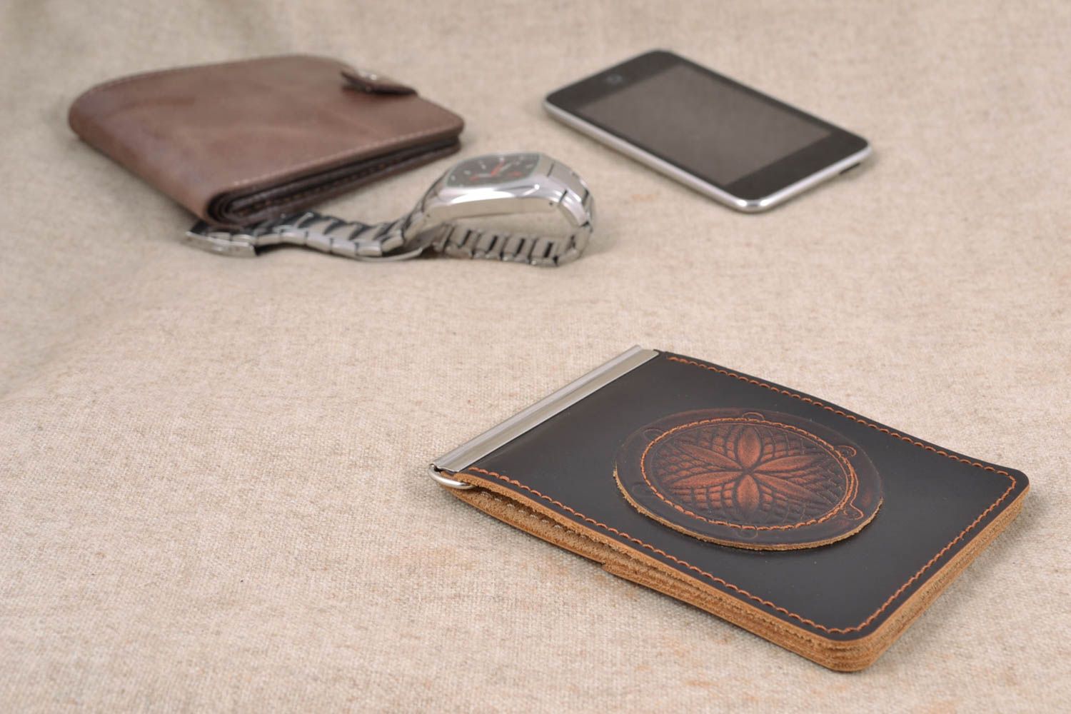 Pince à billets porte-cartes en cuir naturel faite main originale avec gaufrage photo 1