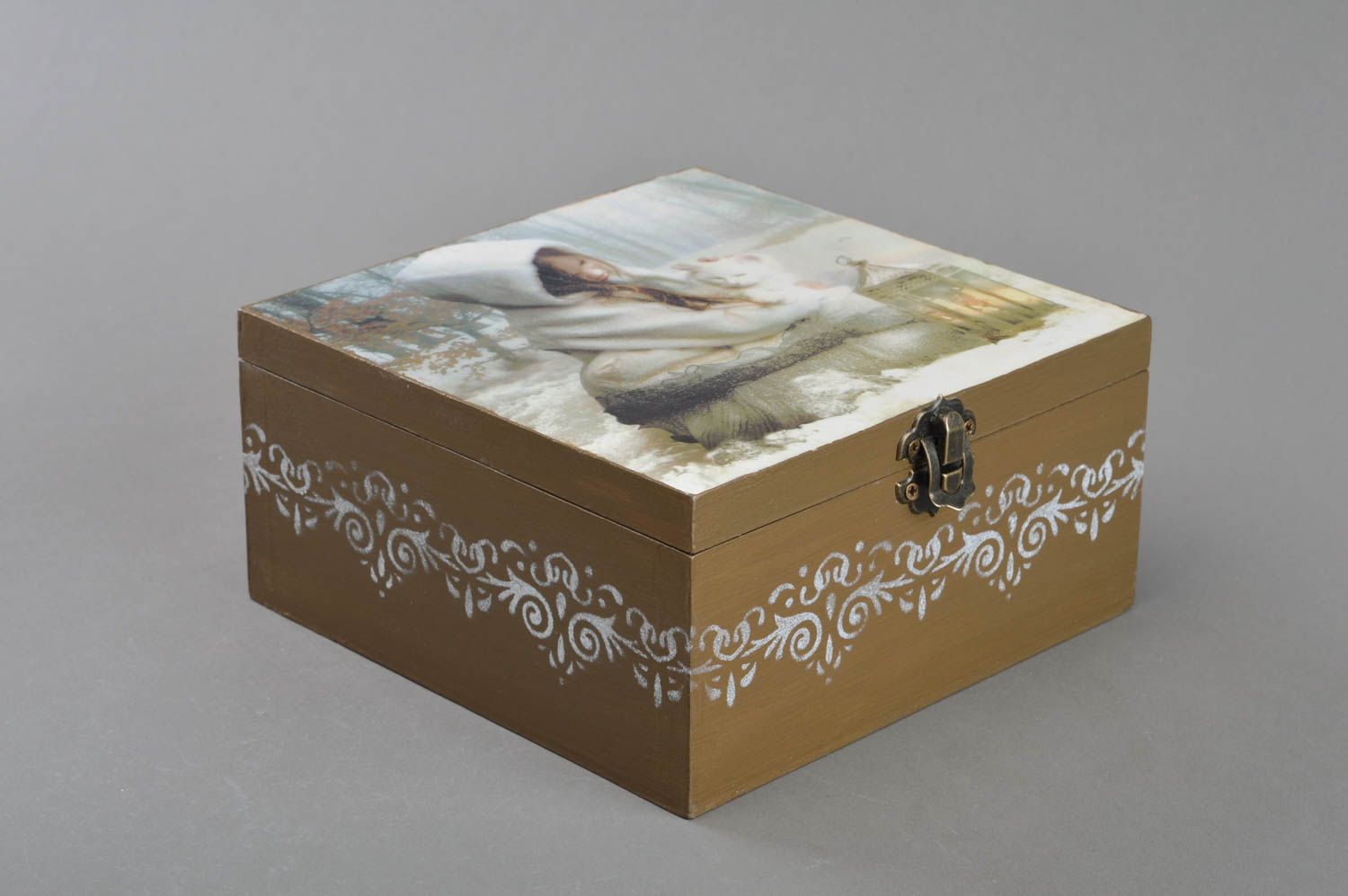 Handmade square decoupage wooden jewelry box with lock decorative designer  photo 1
