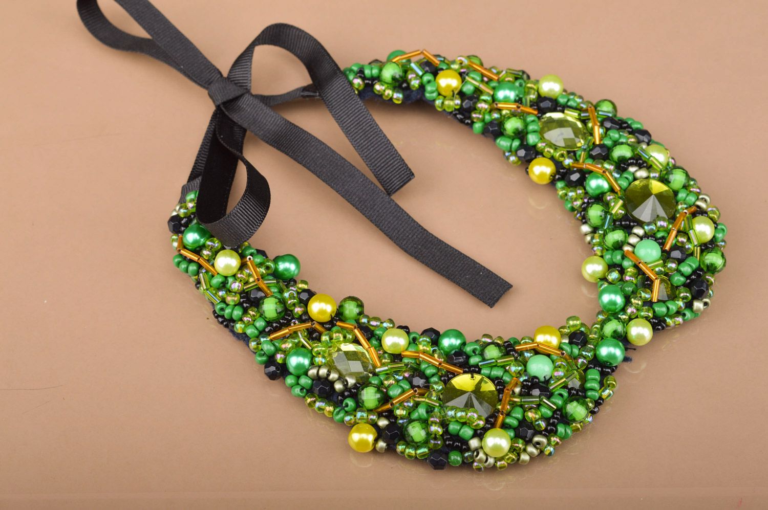 Saturated green handmade collar embroidered with beads and spangles with ribbons photo 2