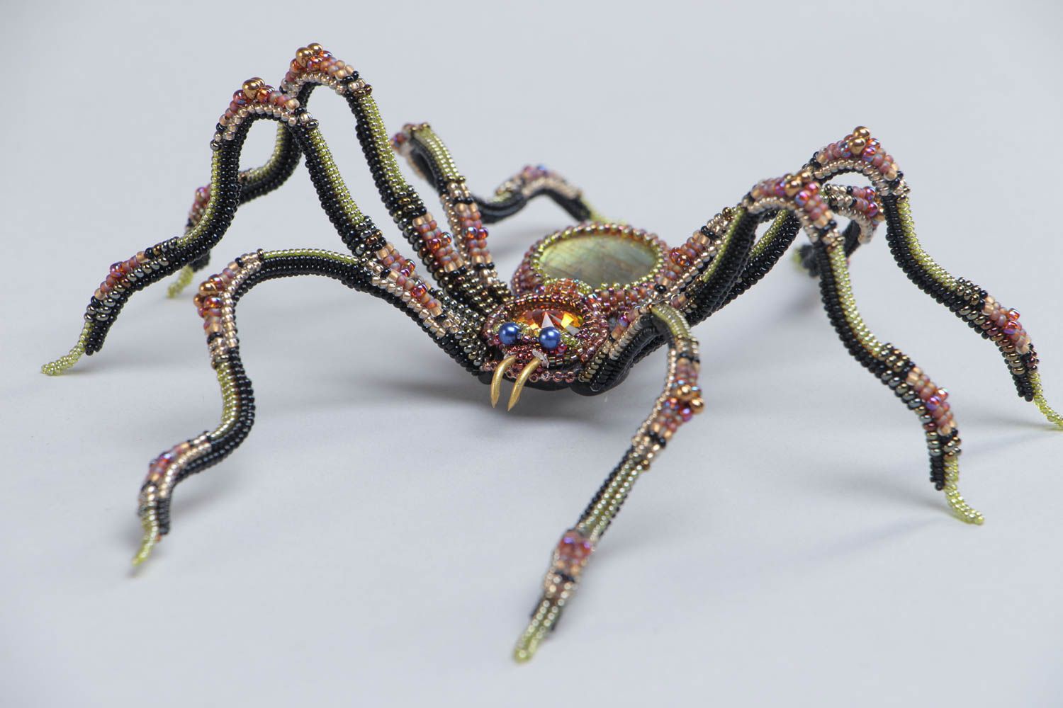 Handmade beaded spider figurine woven of beads with labradorite stone table decor photo 3