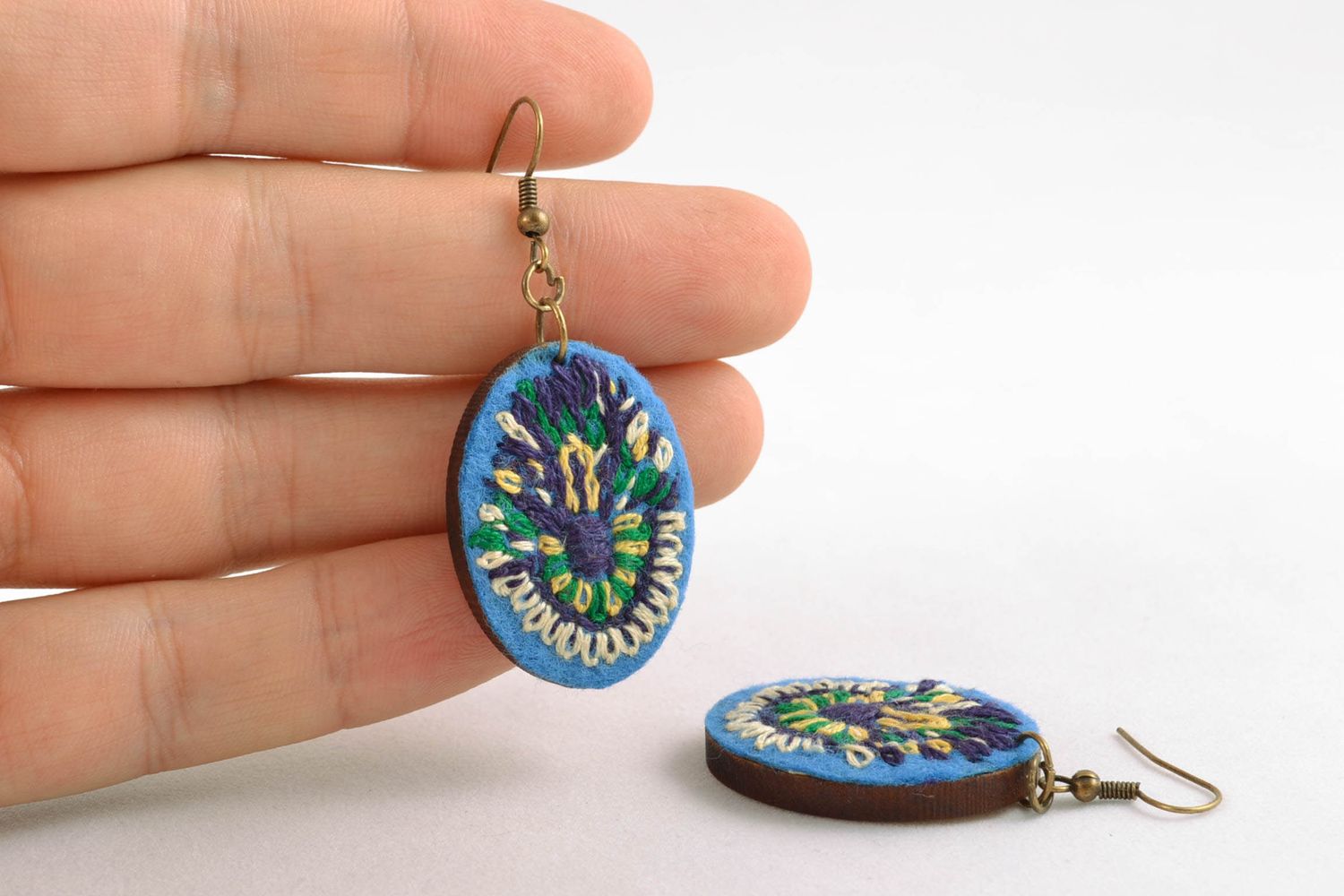 Wooden earrings with embroidery photo 3