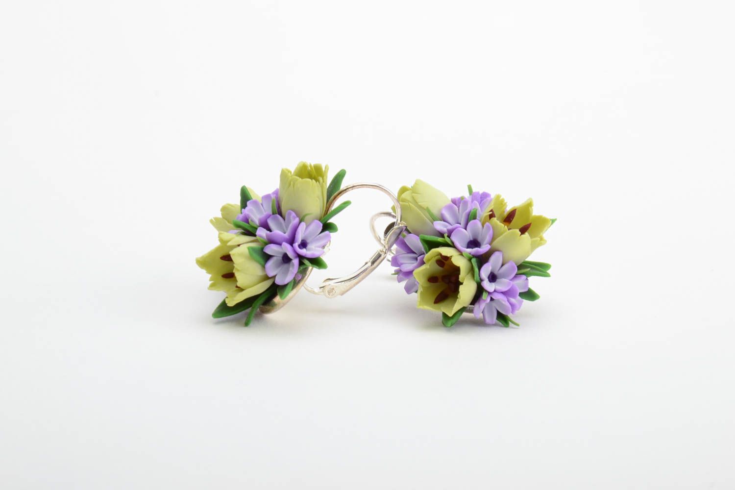 Handmade festive earrings with violet and green polymer clay floral compositions photo 4