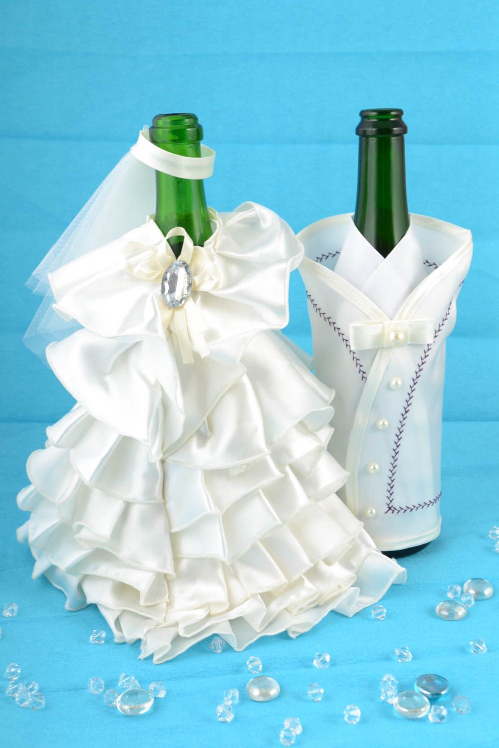 Set of homemade designer wedding champagne bottle covers Dress and Tailcoat photo 1