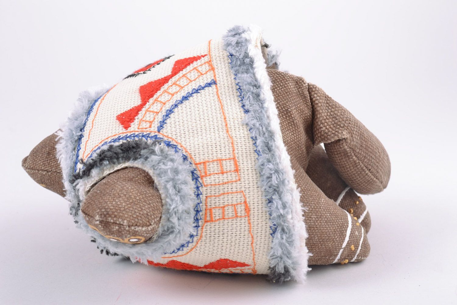 Handmade small soft toy sewn of fabric filled with buckwheat husk Cat in Vest photo 5