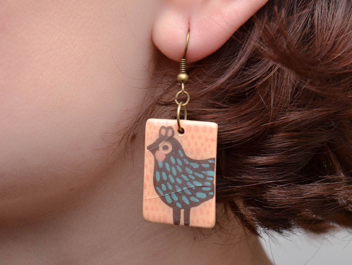 Ceramic earrings painted with engobes and glaze Birds photo 5