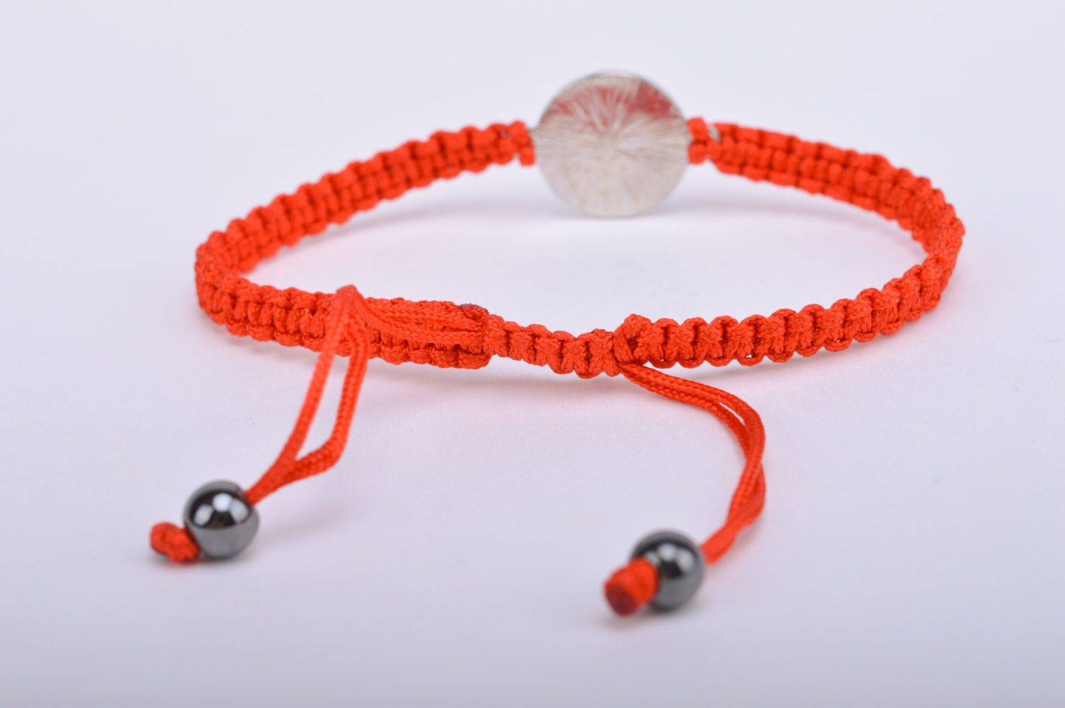 Handmade thin friendship bracelet woven of red threads with Yin and Yang sign photo 5