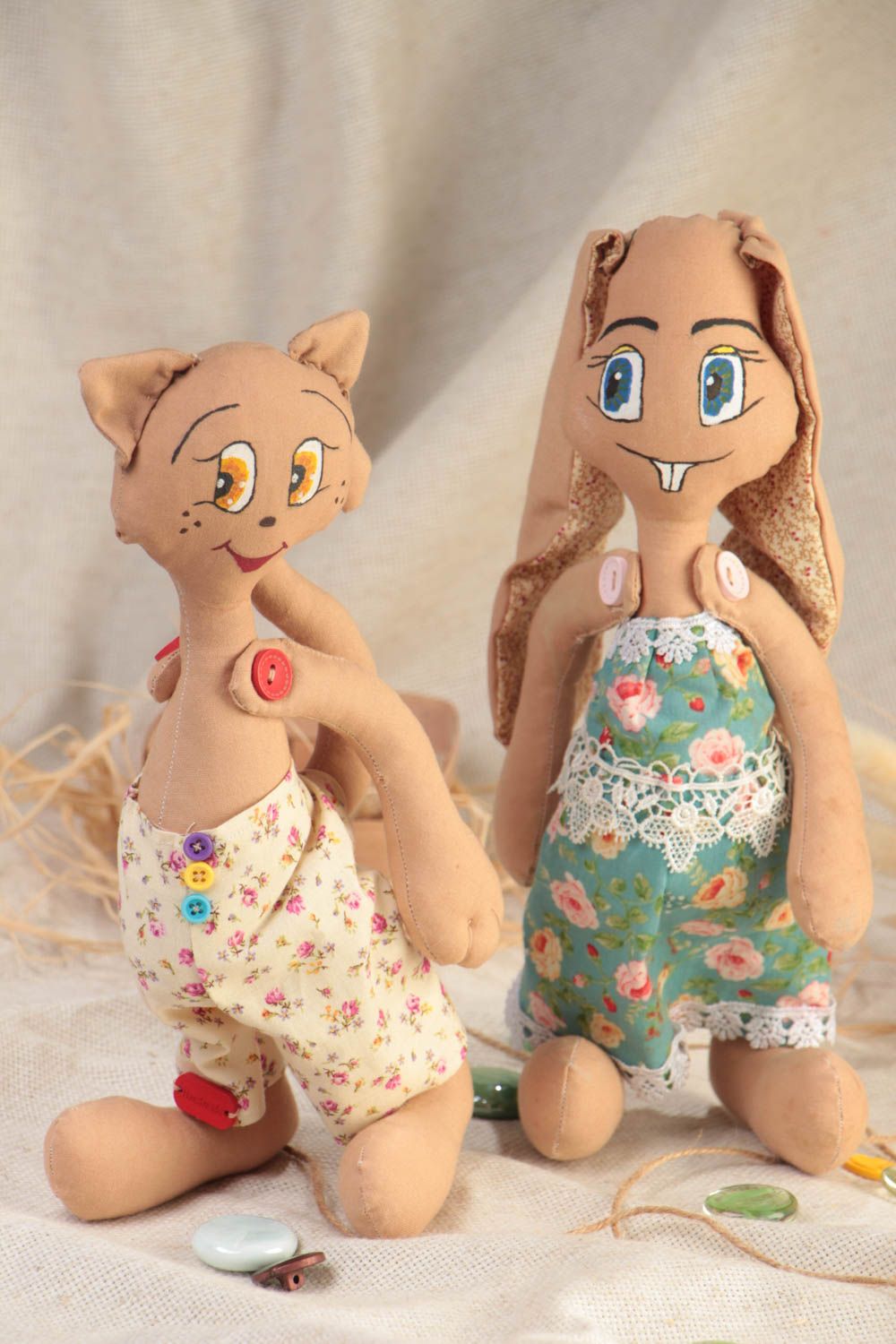 Мягкие игрушки из ткани набор из 2 штук зайка и котик ручной работы детские фото 1