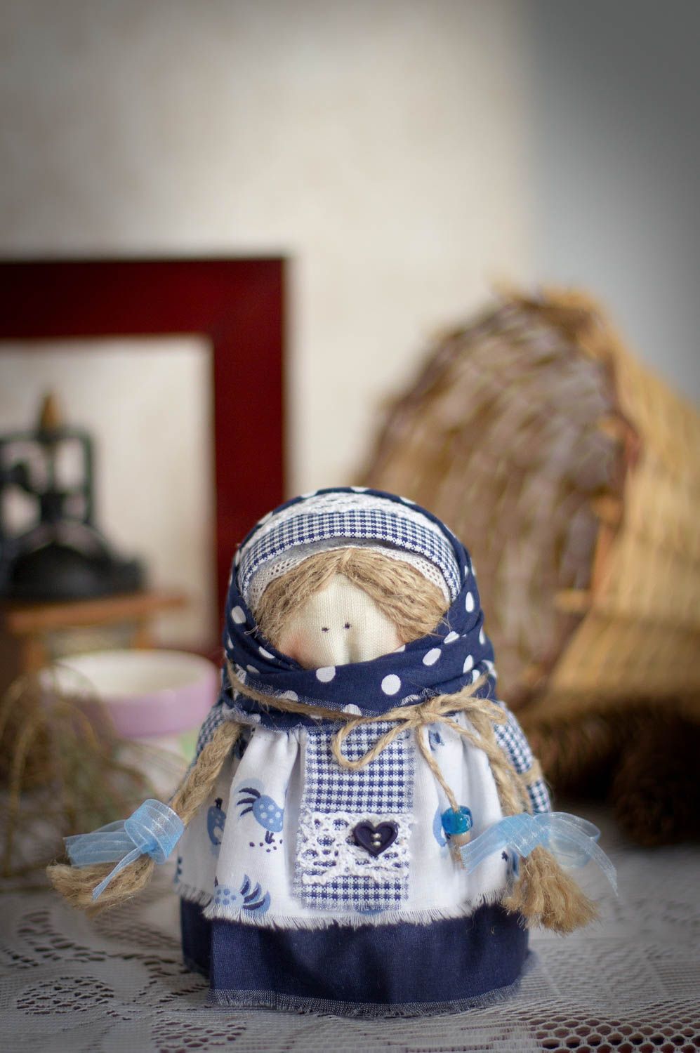 Folk doll in scarf made of fabric for home decor small light family talisman photo 1
