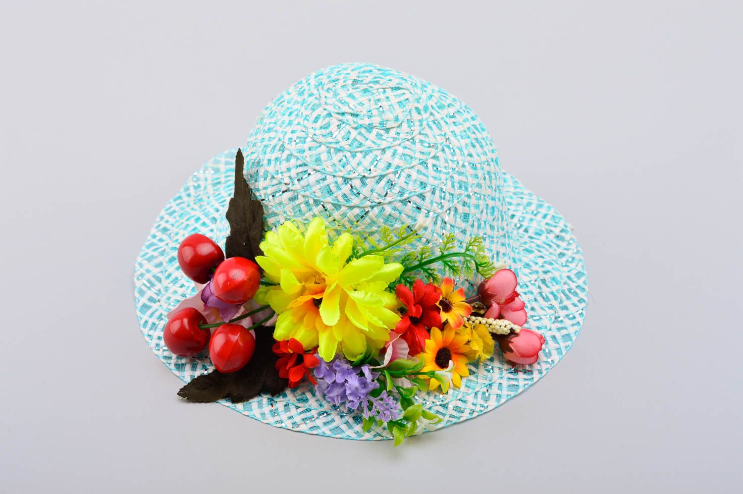 Handmade Sommer Hut Damen Accessoire Geschenk für Frauen blau mit Blumen schön foto 2