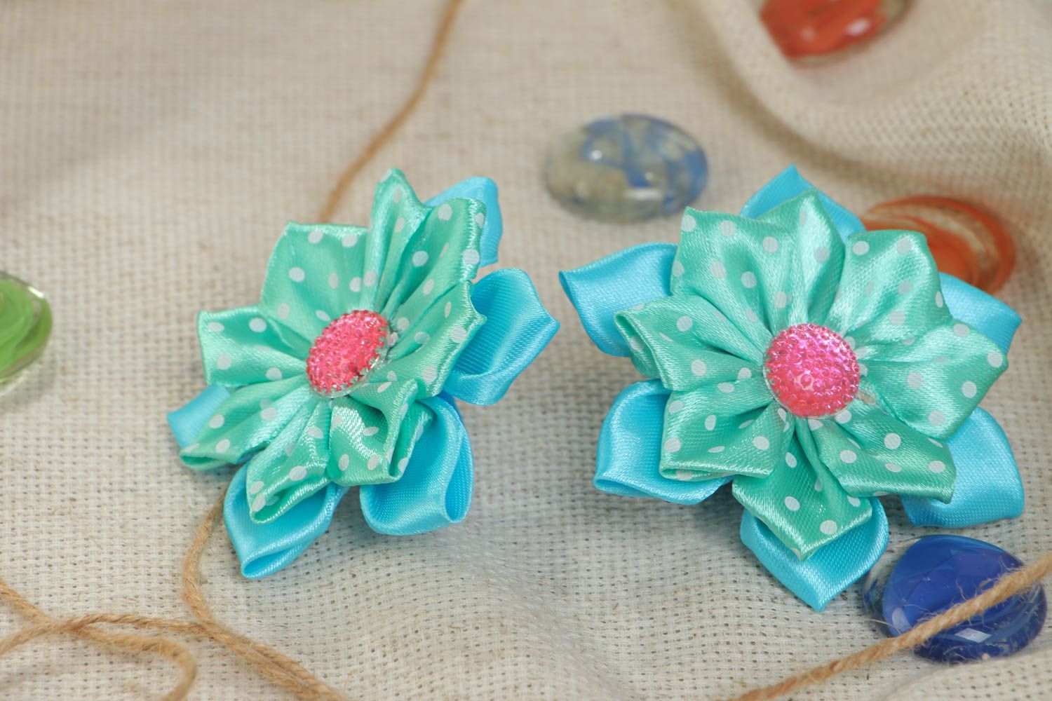 Set of handmade satin ribbons made of satin ribbons turquoise-blue flowers 2 pieces photo 1
