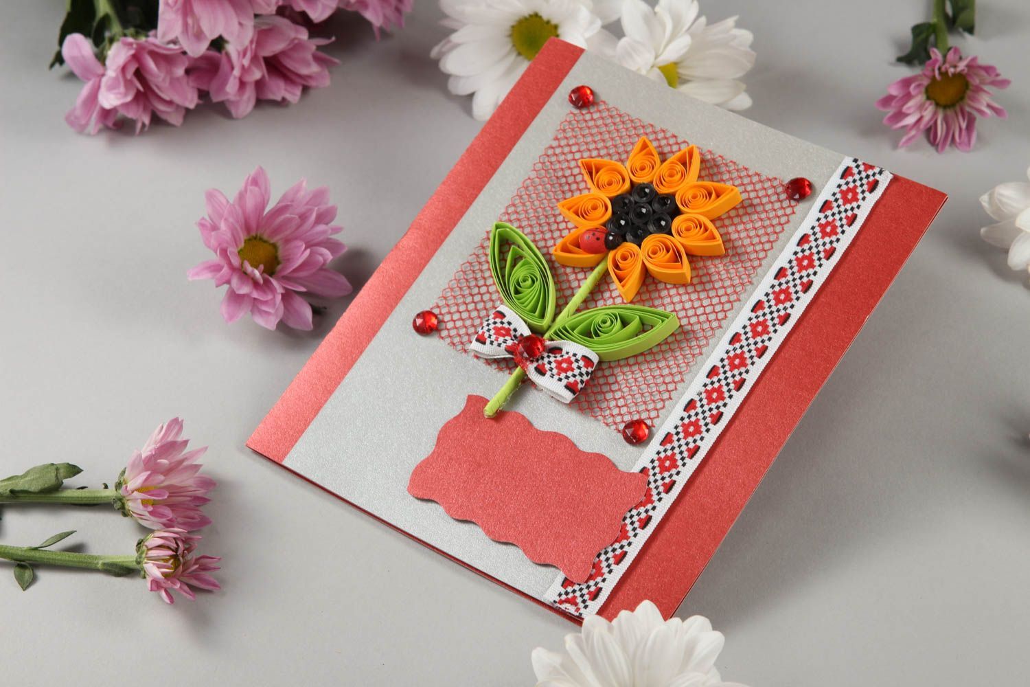 Tarjeta de felicitación roja con flor postal hecha a mano regalo original foto 1