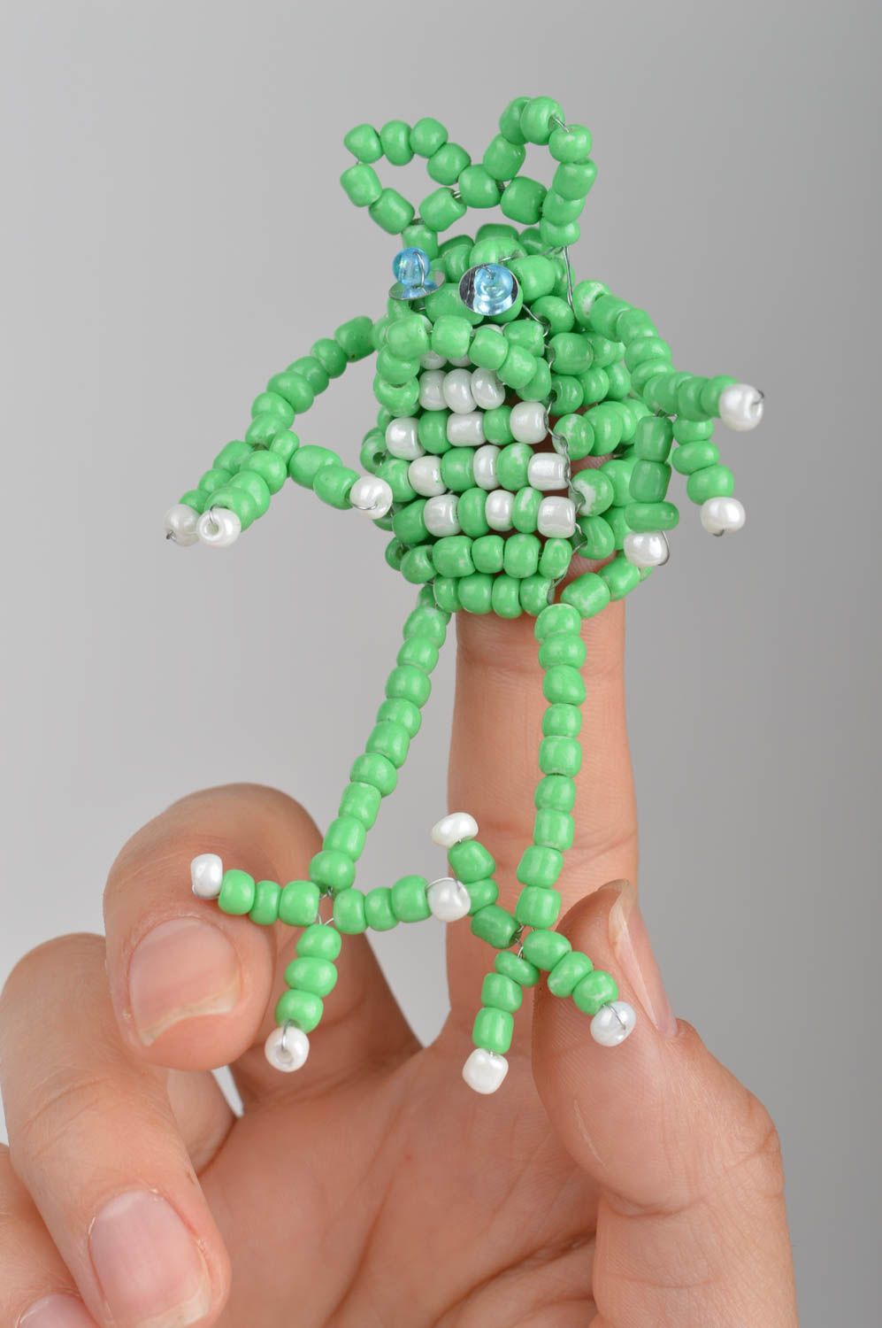 Beautiful handmade designer woven beaded finger puppet toy frog for children photo 4