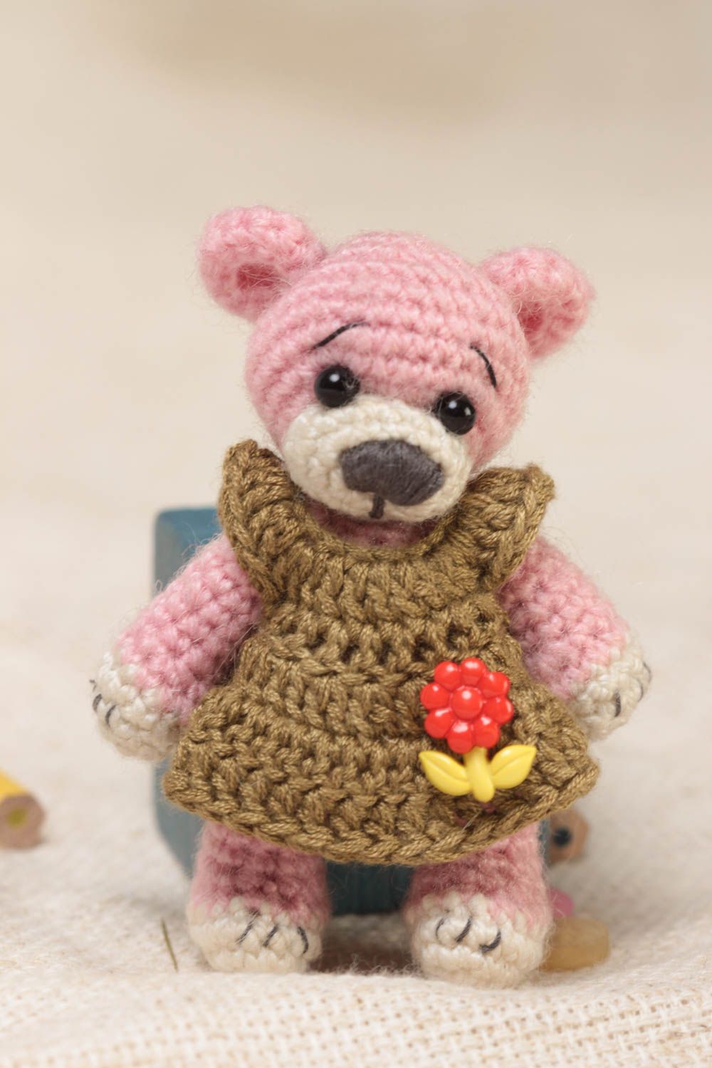 Beautiful homemade design crochet soft toy bear in brown dress  photo 1