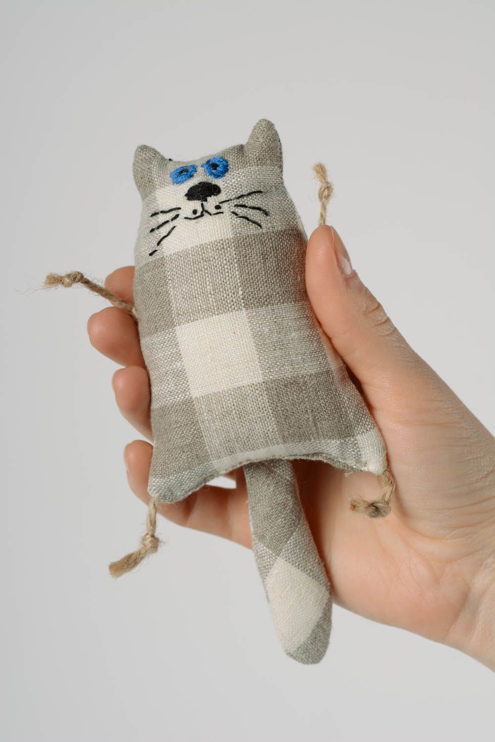 Handmade small soft toy sewn of gray checkered linen fabric cat wall hanging  photo 3