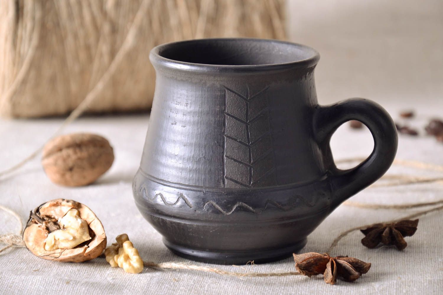 XL 16 oz jar shape black clay coffee or tea cup with handle photo 1